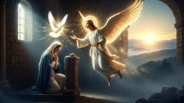 The Archangel Gabriel announces the Annunciation to the Blessed Virgin Mary, foretelling the miraculous divine birth of Jesus Christ, bringing salvation and hope for mankind