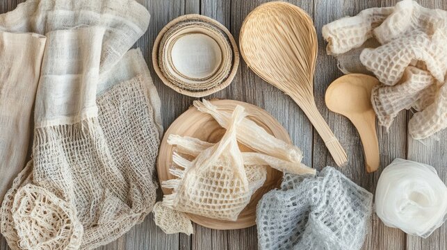 A collection of natural and biodegradable packaging materials including woven fabrics wooden spoons and textured bowls arranged on a rustic wooden surface