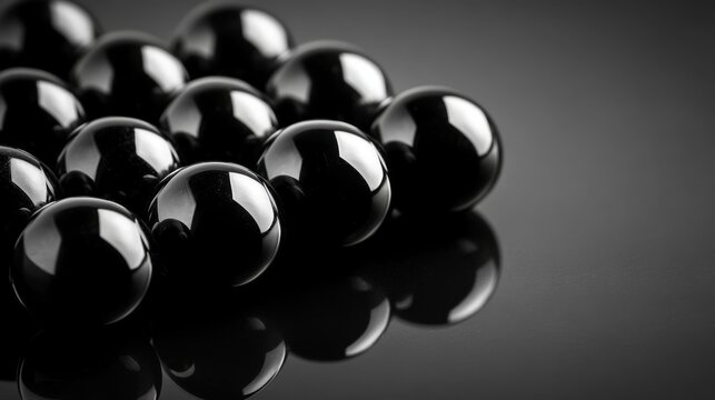 A collection of perfectly polished spherical obsidian orbs with a high gloss finish reflecting light