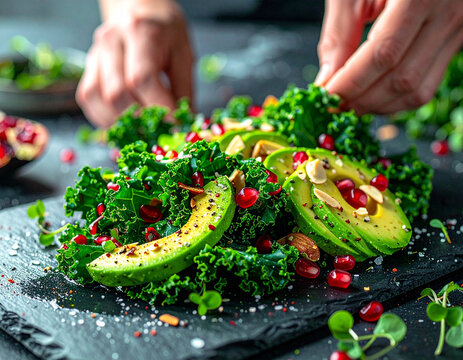 Vibrant kale avocado salad with pomegranate seeds and almonds, high detail food photography - Powered by Adobe