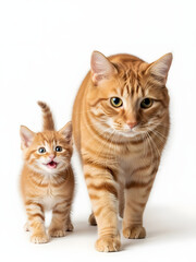 Fototapeta premium Dad Cat With Kitten Ginger Tabby Cat and Cute Kitten Walking Isolated on White Background