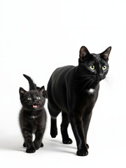 Fototapeta premium Adult Black Cat and Cute Meowing Kitten Walking Together Isolated on White Background, Mama Cat With Kitten