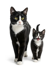 Fototapeta premium Tuxedo Mama Cat With Kitten , Black and White Tuxedo Cat and Small Kitten Walking Side by Side Isolated on White Background