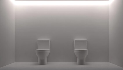 Minimalist monochromatic bathroom design featuring paired toilets under ambient illumination