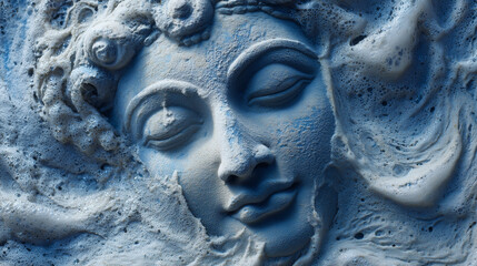 Close-up of Krishnaâs face appearing in ocean waves, foam and water motion defining contours
