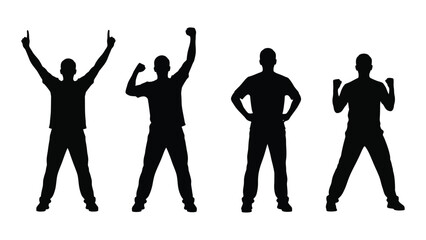 Four black silhouettes of men in different poses on white background