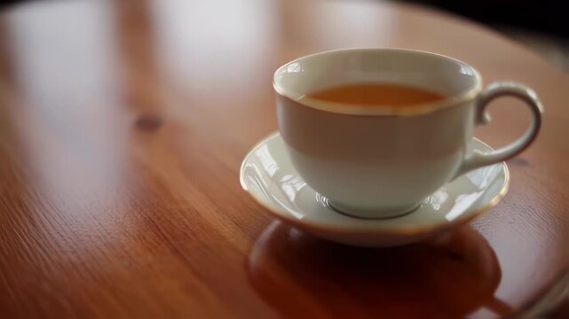 A white teacup and saucer on a wooden table