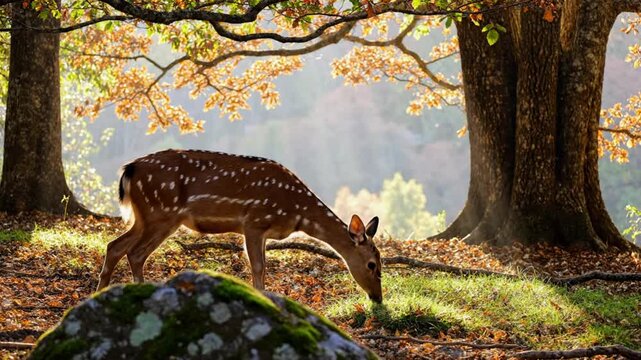 Graceful axis deer in a sunlit autumnal forest setting with fall foliage and dappled light, enjoying the peacefulness.