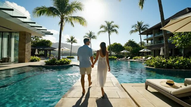 Romantic couple holding hands walking along pool toward beach on tropical vacation