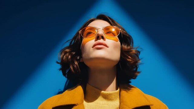 Fashionable Young Woman in Yellow Coat and Orange Sunglasses Against Vibrant Blue Background with Geometric Light Patterns