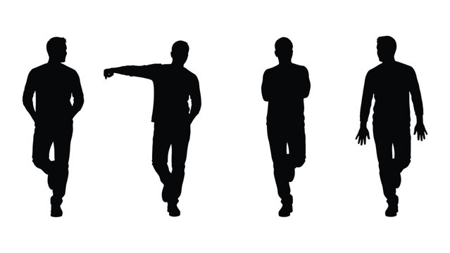 Four black silhouettes of men walking in different poses on white background