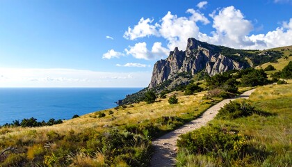Fototapeta premium Scenic landscape featuring a winding path leading towards a towering rock formation next to a vast, blue ocean under a partly cloudy sky