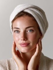 Natural Beauty Portrait: Young Woman with Freckles Gently Touching Face, Soft Light, Minimalist Style, Skincare Concept.