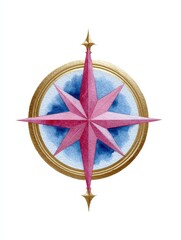 Watercolor Nautical Compass Illustration, Gold Frame, Blue and Pink Gradient, Vintage Map, Navigation, Direction, Exploration.