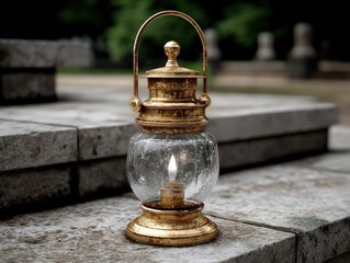 Antique Gold Lantern with Lit Candle on Stone Steps, Vintage Lighting, Warm Atmosphere, Rustic Detail.