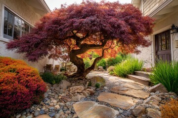 A vibrant red maple tree elegantly graces the garden pathway, surrounded by an array of decorative rocks and lush plants, basking in the warm daylight near the house