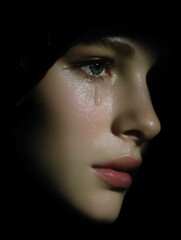 Dramatic Portrait of a Young Woman with Dewy Skin and Intense Gaze, Studio Lighting, Beauty and Fashion Concept.
