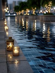 Serene Evening: Warm Candlelight Reflects in Tranquil Pool Water, Creating a Relaxing and Luxurious Atmosphere.