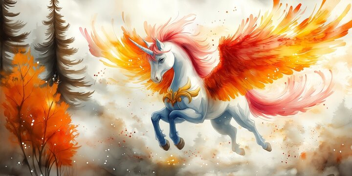 Watercolor Unicorn with Flowing Pastel Mane on White Background