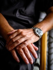 Senior Man's Hands Clasped in Lap, Relaxed Pose, Watch Detail, Focused and Peaceful Moment, Lifestyle Portrait