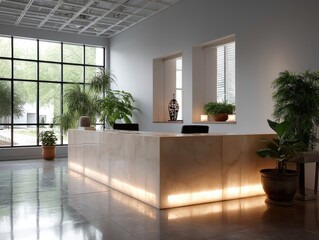 Modern Hotel Lobby Design: Marble Reception Desk with Warm Lighting and Lush Greenery, Luxury Interior Space