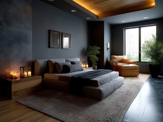 Modern Minimalist Bedroom Interior with Soft Lighting, Leather Accent Chair, and Warm Wood Accents - Luxury Lifestyle Photography