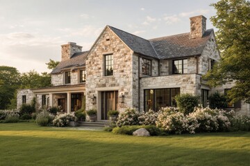 A charming stone house stands proudly, surrounded by a lush green lawn adorned with vibrant flowers, all bathed in the warm glow of a sunset in a peaceful neighborhood