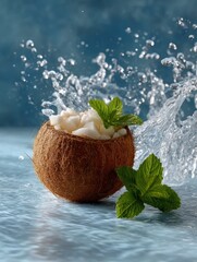 Cracked Coconut with Fresh Mint on Blue Surface &ndash; Tropical Fruit Still Life for Food and Beverage Applications