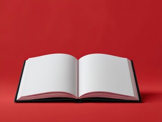 Open Book on Red Background - Minimalist Still Life with Thick Pages and Black Cover, Editorial and Commercial Use.