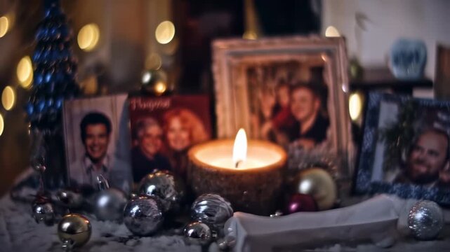 Christmas memorial display with photos and candles