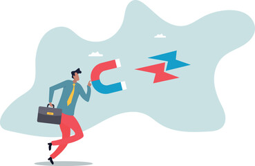 A businessman with a magnet. A concept for recruiting and attracting attention.