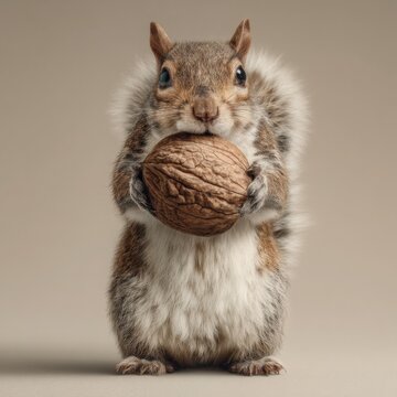 A cute grey squirrel stands upright holding a walnut in its paws while looking directly at the viewer against a simple neutral background in soft studio light.