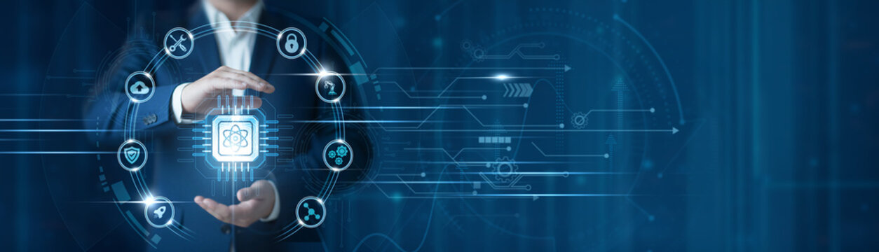 Businessman hand hold quantum computing, advanced data processing system, qubit optimization technology, high performance computation, enterprise innovation, futuristic business solutions