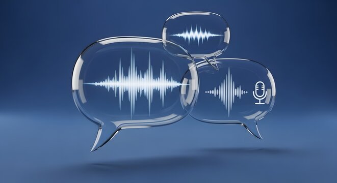 Glass speech bubbles displaying glowing white digital audio waveforms and a microphone icon symbolize modern voice communication technology concepts in digital media broadcasting - Powered by Adobe