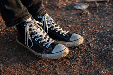 Close-up of well-worn black canvas high-top sneakers with white laces on asphalt. Street style, youth culture, and authentic lifestyle photography for fashion and urban content.