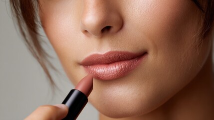Close-up of beautiful female face with perfect makeup, applying lipstick, isolated on gray background. Beauty and skincare concept.
