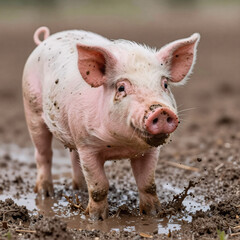 Pink pig playing in a muddy puddle, showcasing wildlife conservation for eco-tourism storytelling