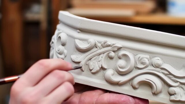 Close-up of a hand-carved decorative molding piece, light beige color, with detailed floral and scrollwork designs being refined