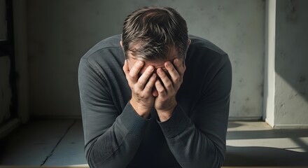 Man covering face with hands, stressed or depressed person, indoor scene