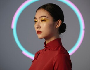 Elegant Model in Red Attire with Sleek Low Bun and Vibrant Makeup