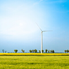 Wind turbines on a green field under a clear blue sky. Modern wind farm producing clean renewable energy, symbol of sustainability, ecology and future energy transformation.
