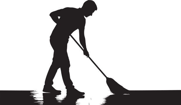 Silhouette of a man sweeping the floor with a broom, professional janitor or domestic cleaning service concept, minimalist black and white illustration