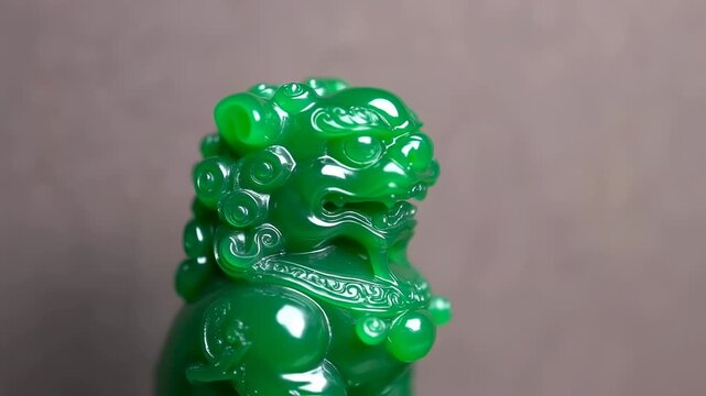 Close-up of a vibrant green jade carving depicting a stylized lion, possibly a Chinese guardian figure.  Detailed carvings and smooth surfaces showcase the craftsmanship