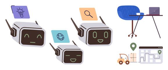 Artificial intelligence, navigation systems, workplace design, logistics, robotics, and technology. Cute AI robots, map interface and remote workspace setup. Artificial intelligence and navigation