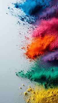 Colorful Holi powder burst on one side of the frame, vibrant pigments, minimal composition, no people
