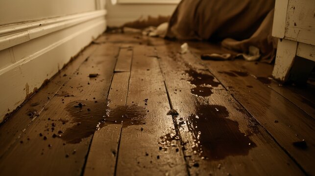 Water damage saturating dark wooden floorboards with visible damp marks and debris scattered across the surface indoors
