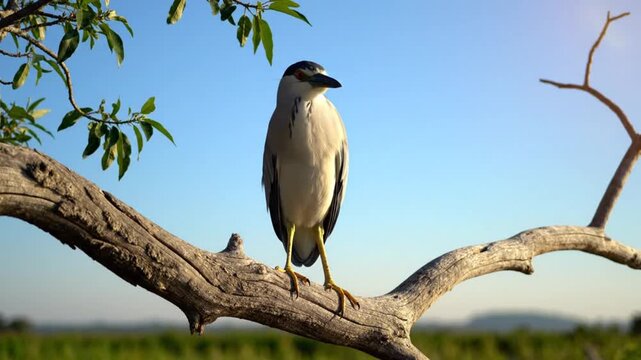 Black-crowned night heron perched on a tree branch, observing its surroundings in a serene outdoor setting with a clear blue sky