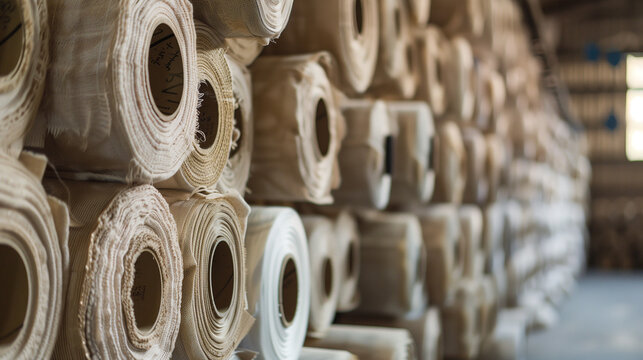 Rows of unbleached fabric rolls stacked in textile warehouse, sustainable fashion manufacturing supply chain