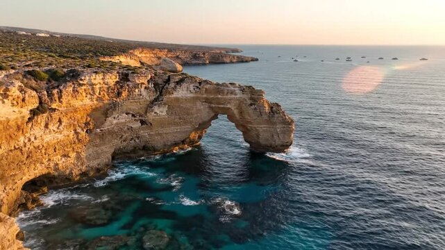 Scenic drone view of a natural stone archway by the coast in the golden hour near Paphos Cyprus