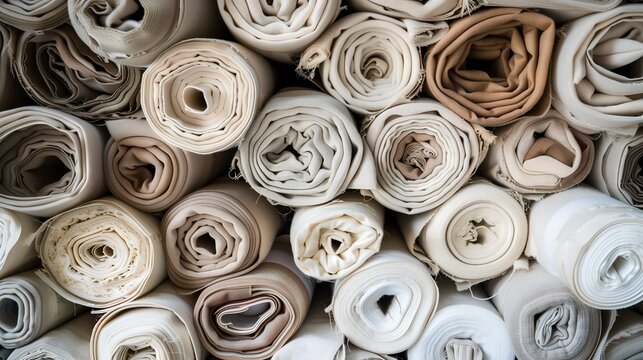 Overhead view of neutral fabric rolls stacked in textile warehouse, sustainable materials and fashion supply chain